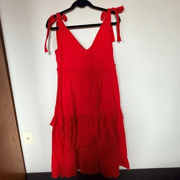 Dex tiered strap tie eyelet midi dress red size M - Picture 3 of 5